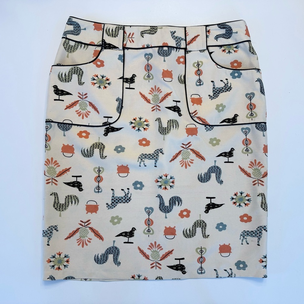 Nanette Lepore Farmhouse Rooster Folk Skirt 100% Silk Sz 10 Pencil Cream Ivory